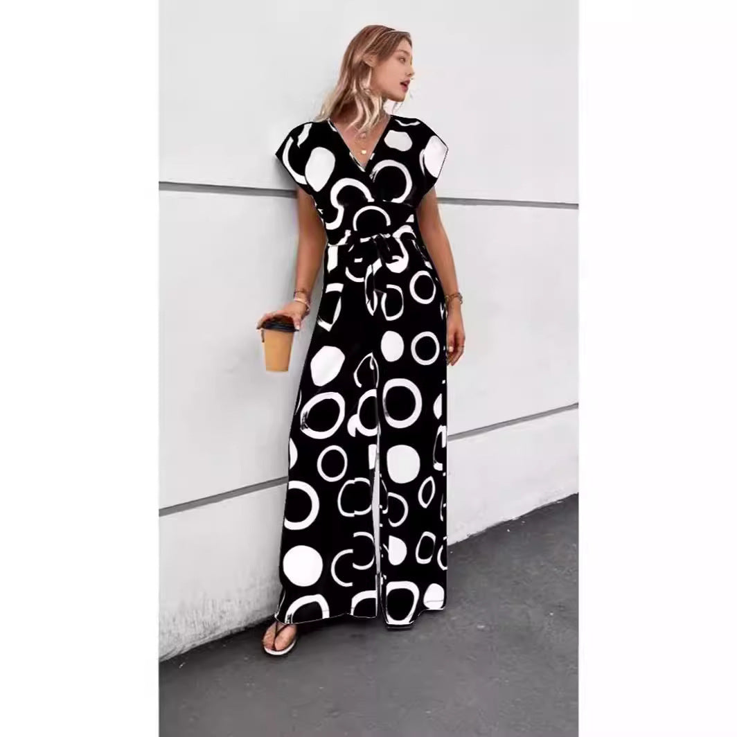 Fashionable Elegant V-Neck High-Waist Printed Wide-Leg Belted Jumpsuit