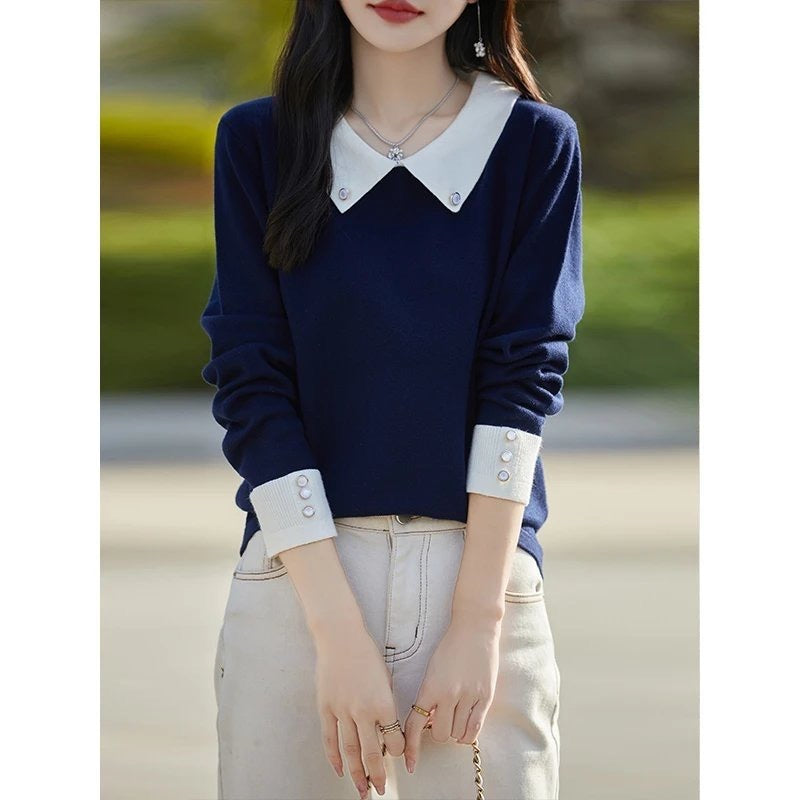 French-Inspired Contrast Color Lapel Bottoming Sweater for Women – Stylish and Trendy