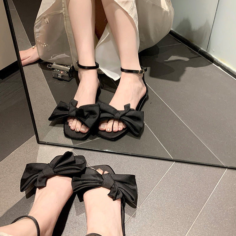 Elegant French Style Open-Toe Stilettos with Bow Strap