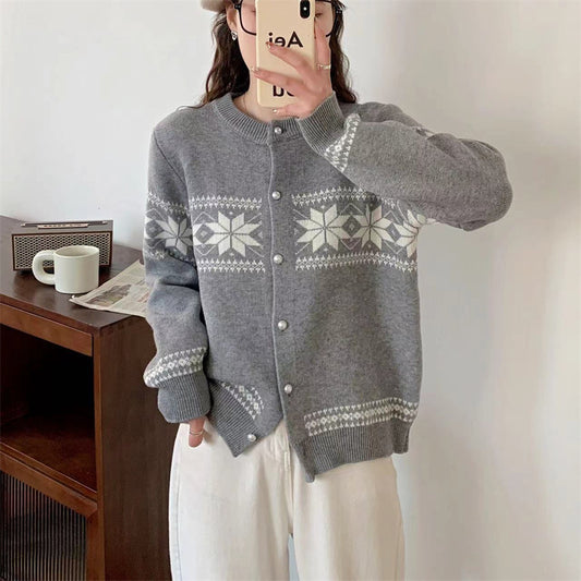 Women's Korean-Style Contrast Color Jacquard Knitted Cardigan