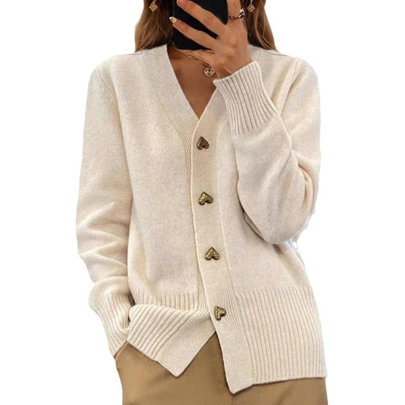 New Autumn & Winter Solid Color Long Sleeve V-Neck Knitted Cardigan