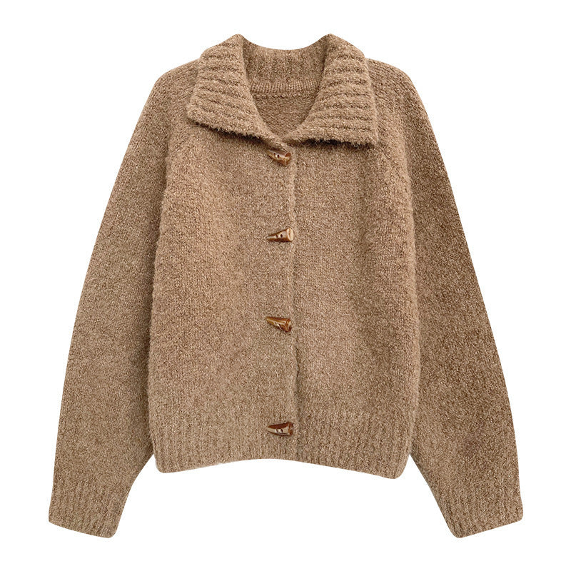 Women's Retro Solid Color Sweater Coat with Horn Buttons