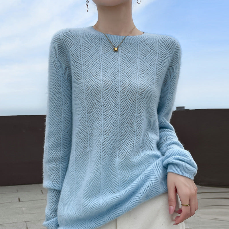 Women's Pure Wool Hollow-Out Round Neck Sweater