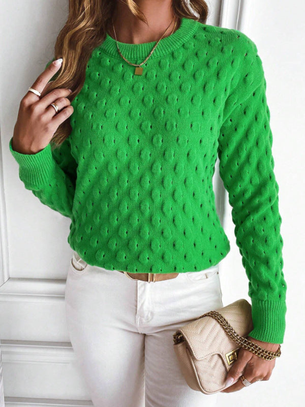 Solid Color Pullover Knitwear Top with Round Neck and Long Sleeves