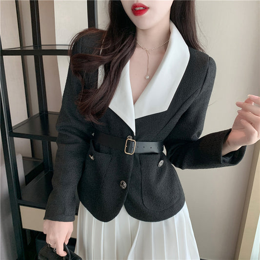 Two-piece High-waist Pleated Skirt Two-piece Short Jacket With Belt And Waist