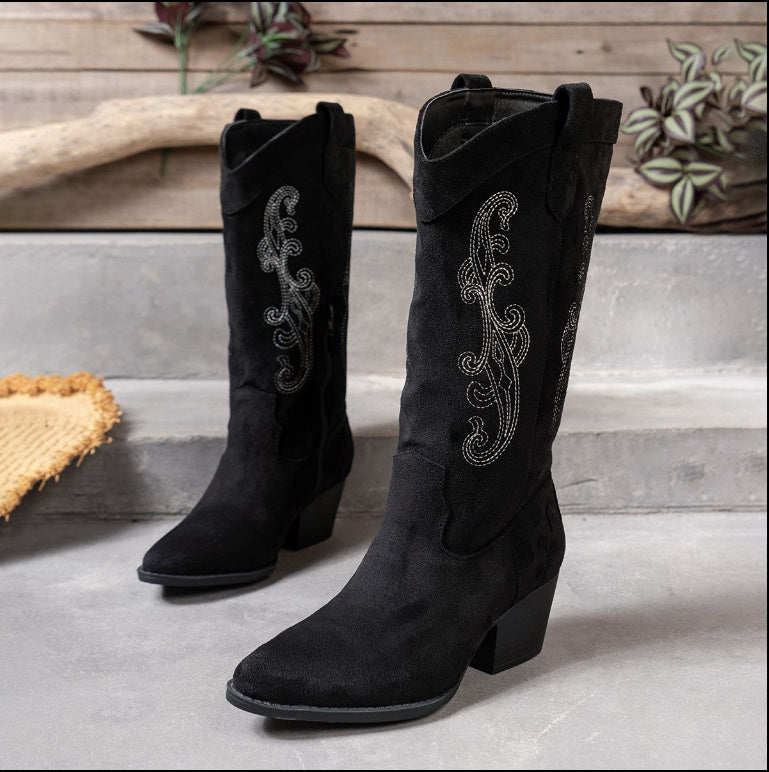 Women's Embroidered Wedge Heel Boots with Side Zipper – Versatile Style