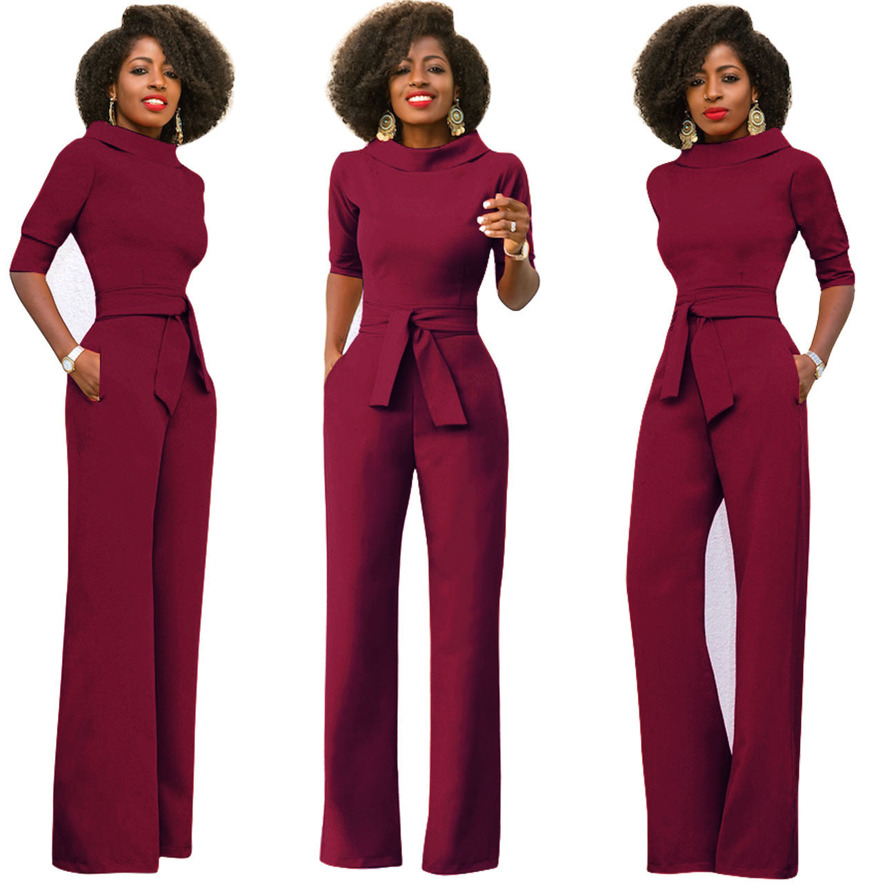 Women's Solid Color Five-Quarter Sleeve High-Waist Wide-Leg Jumpsuit