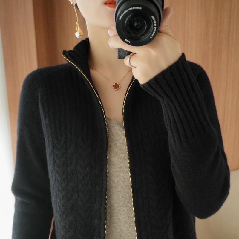 Women's Zipper Sweater Coat, Knitted Cardigan with Short Stand Collar and Loose Fit