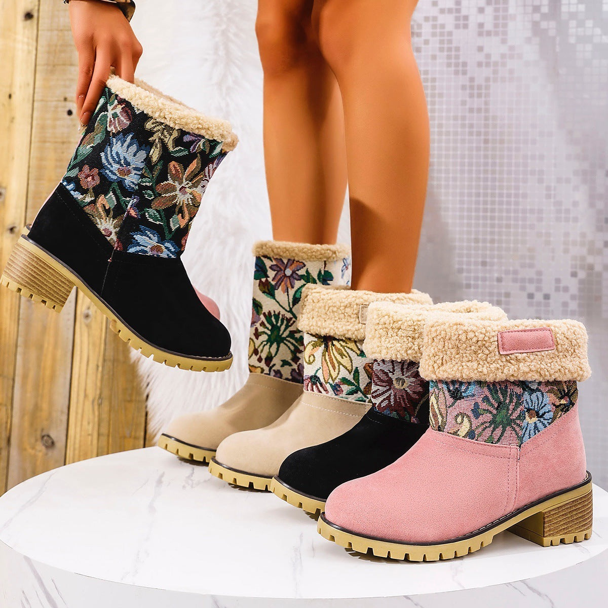 Women's Winter Warm Mid-Tube Snow Boots with Floral Embroidery