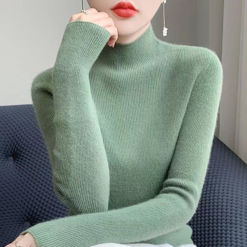 Warm Long Sleeve Knitted Half-Turtleneck Base Shirt for Women