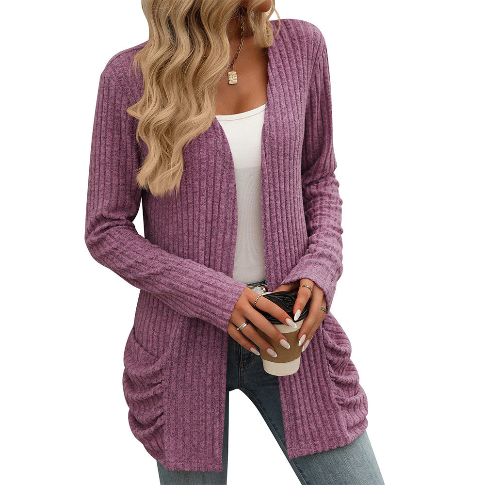 Solid Color Ribbed Brushed Pocket Cardigan – Long Sleeve Coat for Women