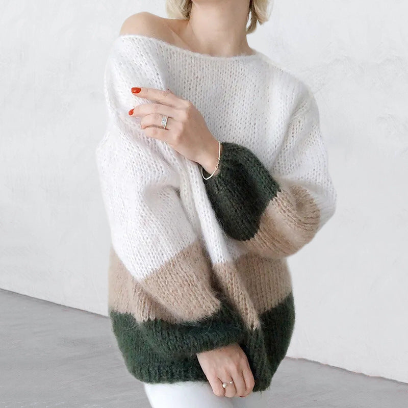 New Autumn and Winter Temperament Commuter Color-Blocking Knitted Furry Sweater