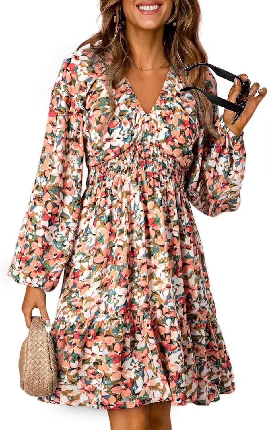 Floral V-Neck Long Sleeve Dress – Pleated with Elastic Waist for a Flattering Fit