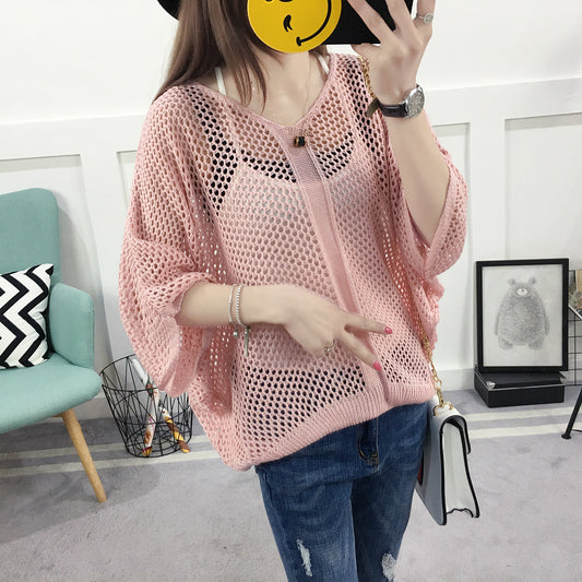 Spring and Summer Loose V-Neck Hollow Knit Sweater