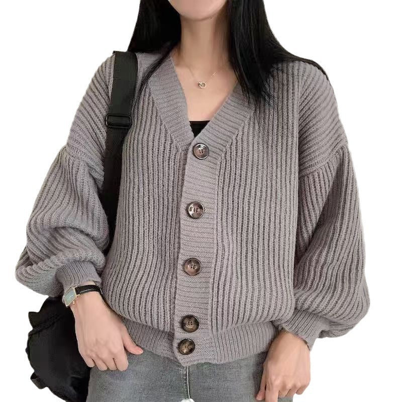 Korean Style V-Neck Solid Color Sophisticated Sweater Coat