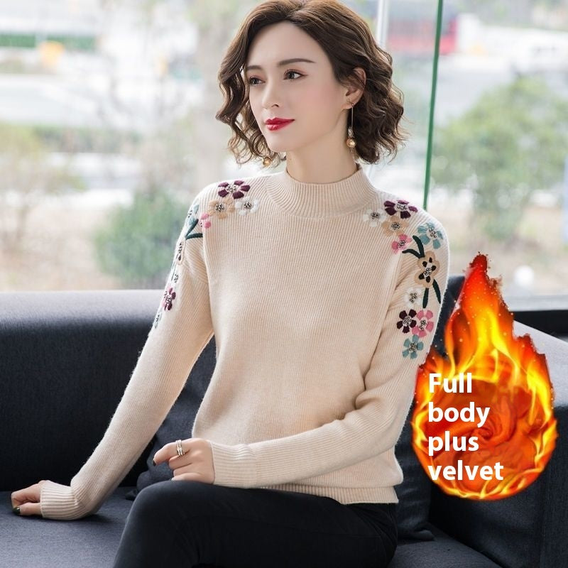 Popular Embroidered Women's New Loose-Fit High Collar Bottoming Shirt