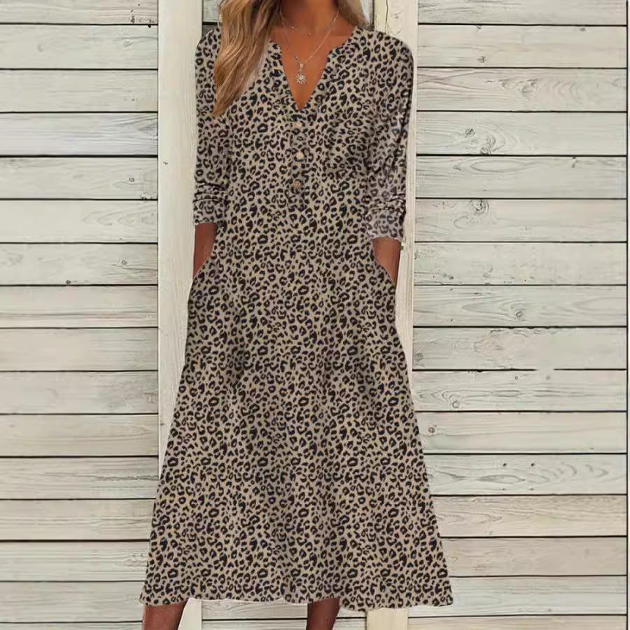 Fashionable V-Neck Leopard Print Dress with Pocket and Button Details, Long Sleeve