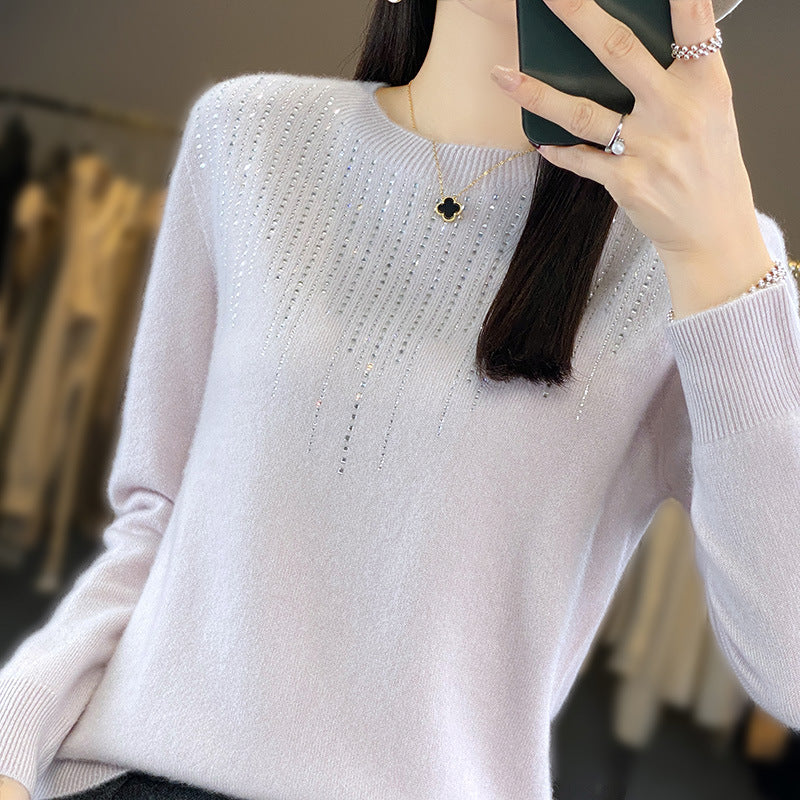 Round Neck Rhinestone Long-Sleeved Knitted Pullover Sweater for Women