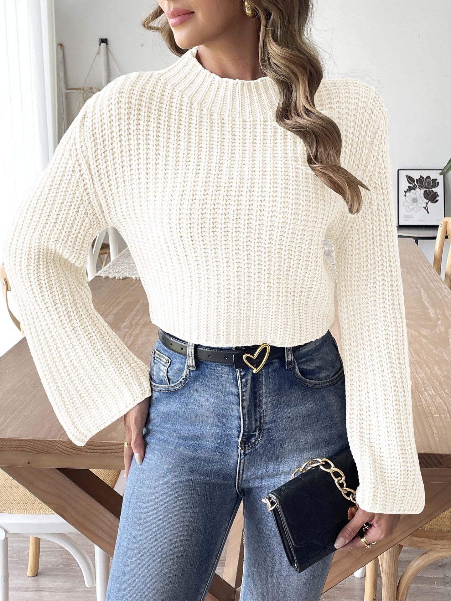 Women's Cropped Bell Sleeve Half-Turtleneck Knit Pullover