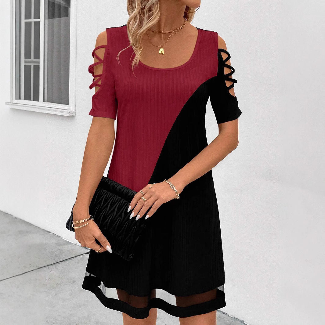 Women's Color-Block Hollow Out Mesh Midi Dress