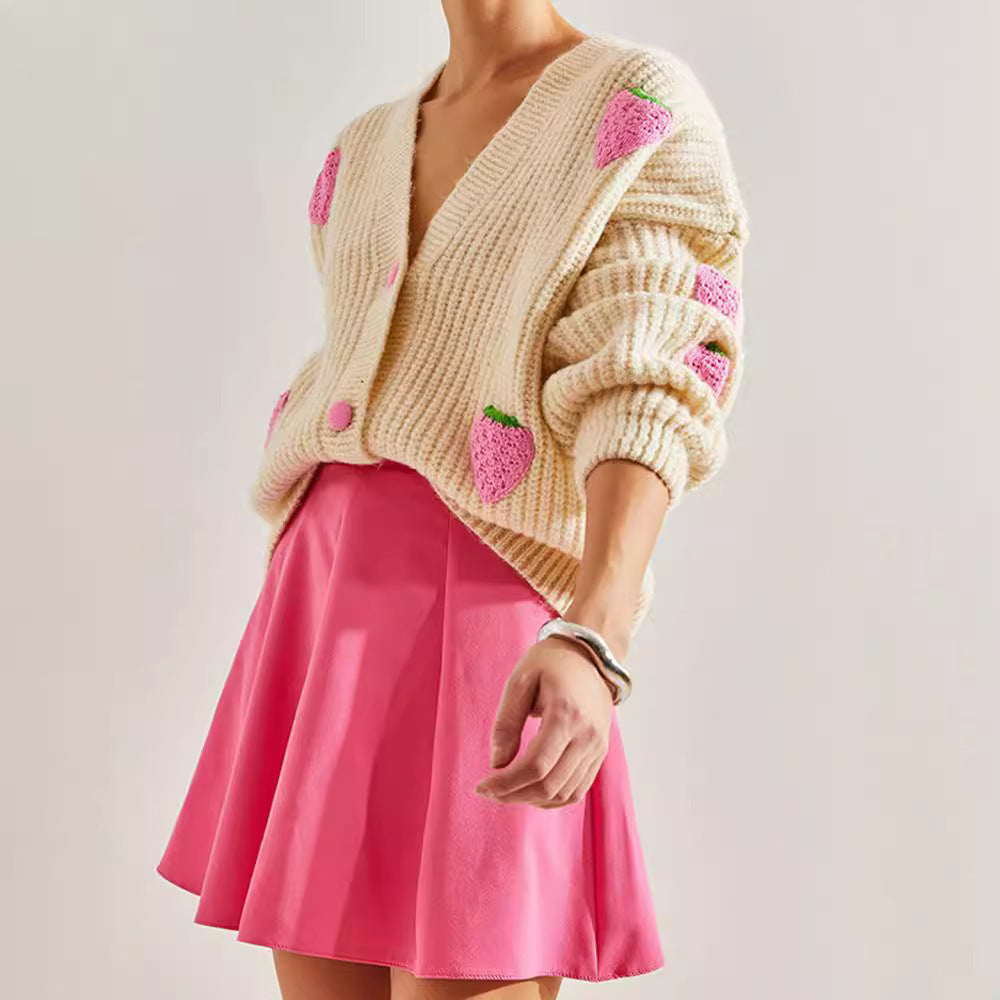 Sweet V-Neck Beige Cardigan Sweater with Decorative Details