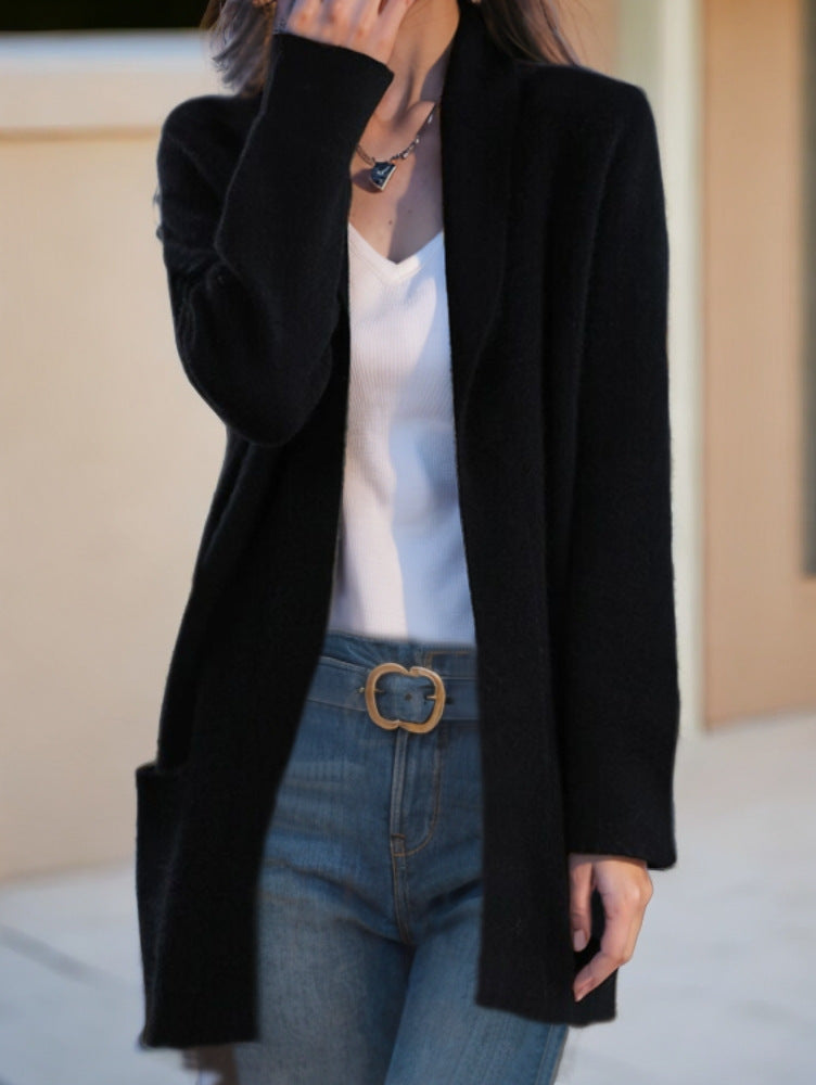 New Polo Collar Solid Color Long-Sleeved Knitted Cardigan with Pockets for Women