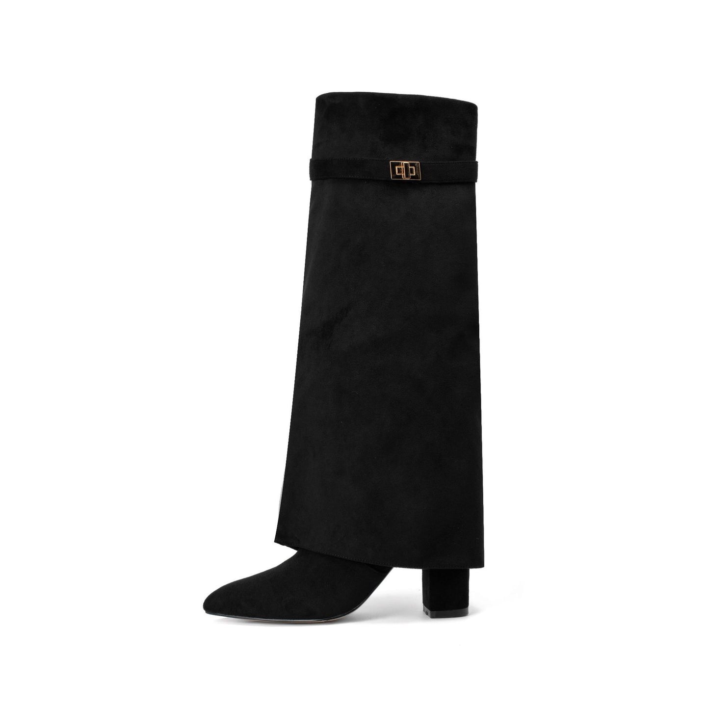 Pointed Toe Wide Calf Straight Long Boots with Metal Buckle