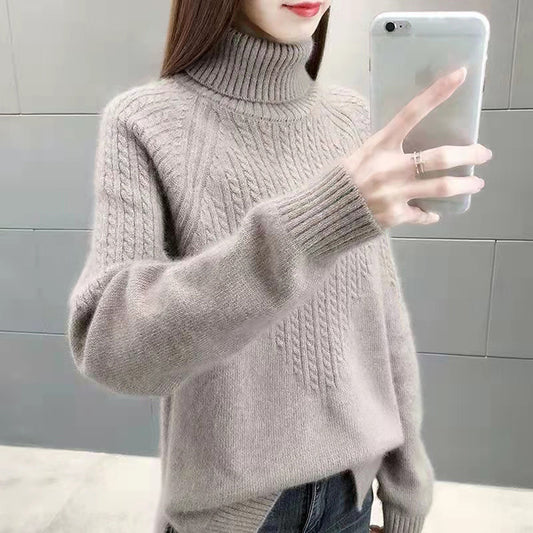 Women's Loose Fit Solid Color Twist Knit High Collar Sweater