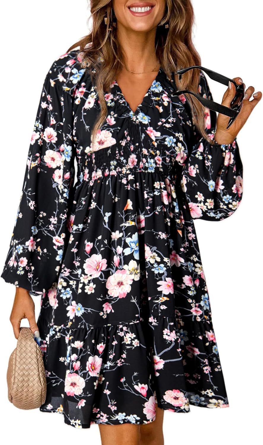 Floral V-Neck Long Sleeve Dress – Pleated with Elastic Waist for a Flattering Fit