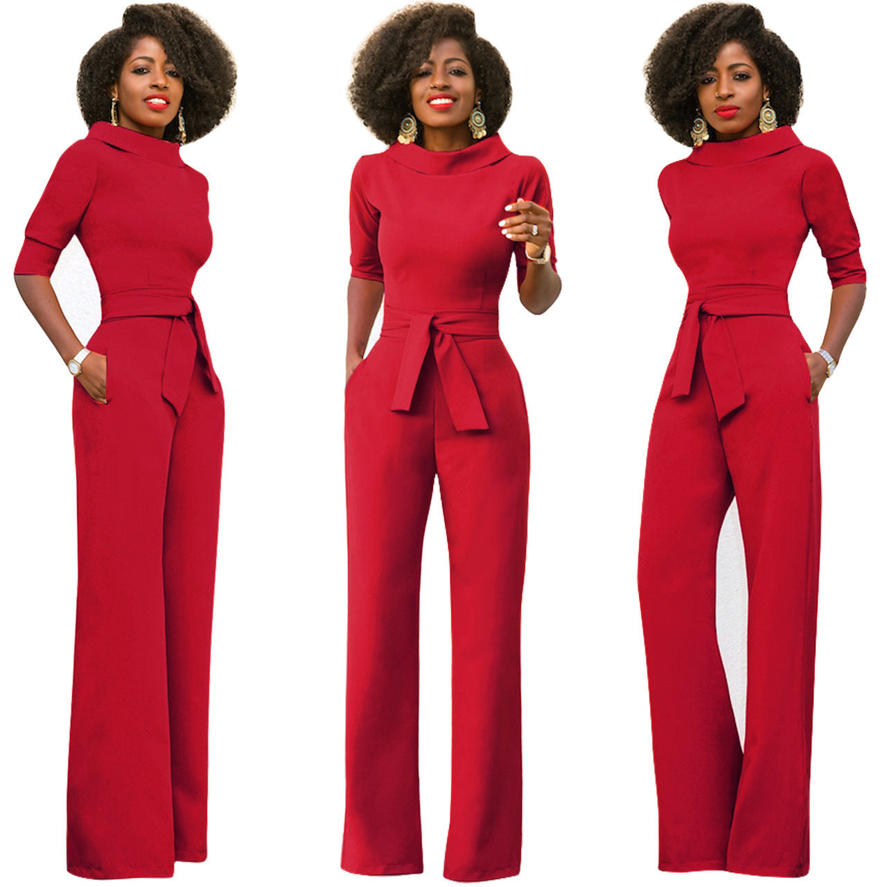 Women's Solid Color Five-Quarter Sleeve High-Waist Wide-Leg Jumpsuit