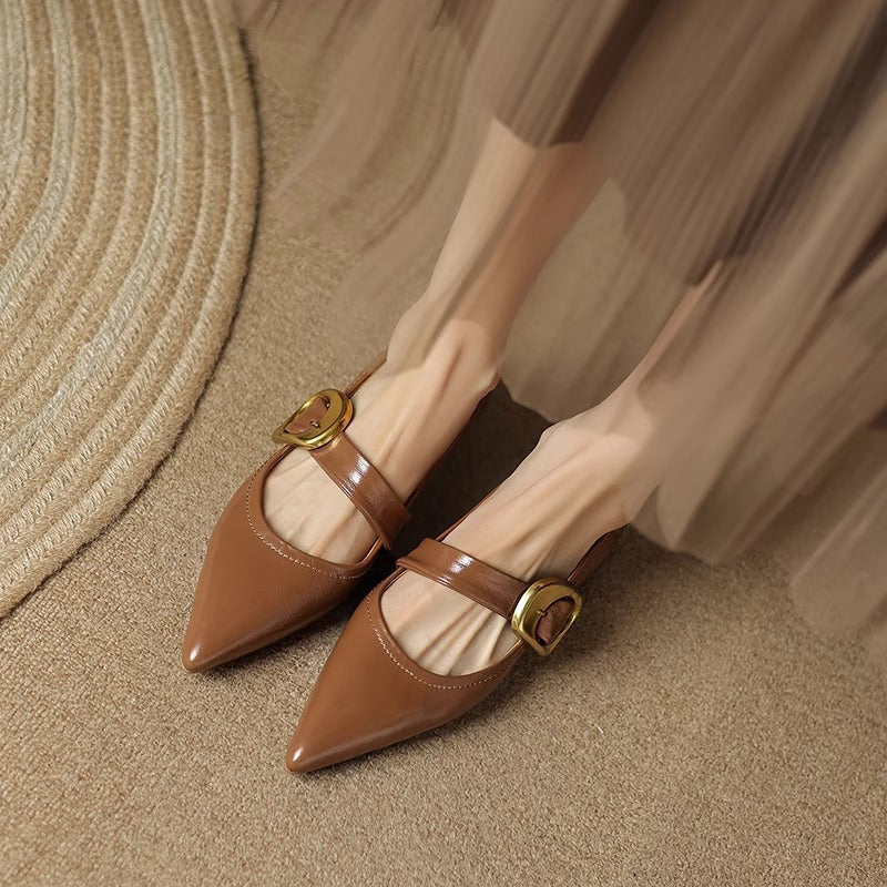 French Style Pointed Toe Low Heel Buckle Leather Shoes