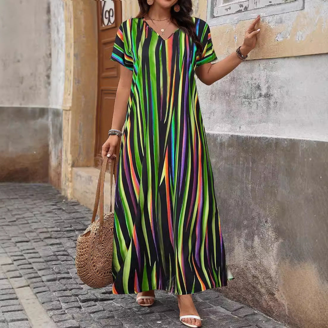 Plus Size Women's Dress with Printed Slit Hemline at the Bottom