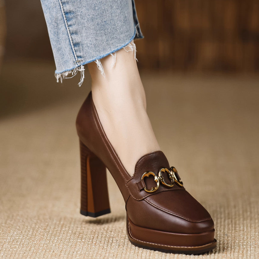 Women's Brown Sheepskin Shoes with Thick Heels