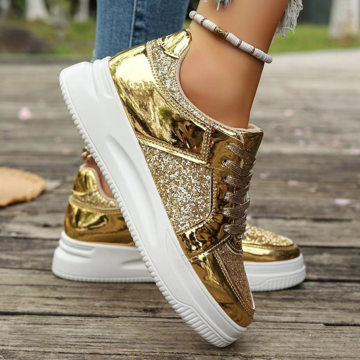 Women's Fashion Lace-Up Flat Shoes – Sequin Design, Casual Sports Style, Thick-Bottom Round-Toe Sneakers