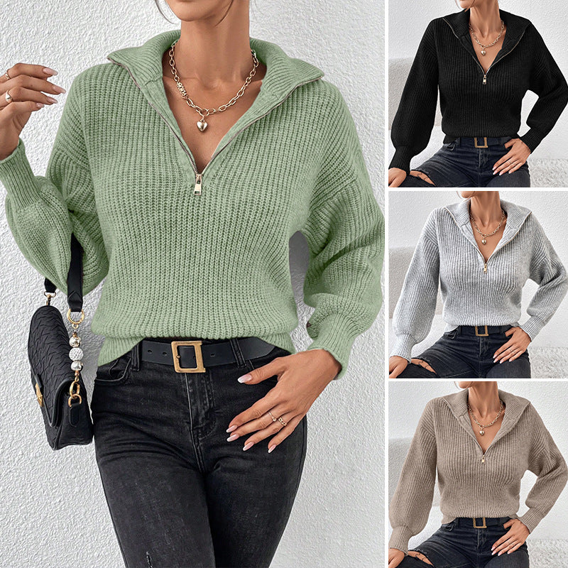 Women's Solid Color Zipper Pullover Loose-Fit Casual Long Sleeve Sweater