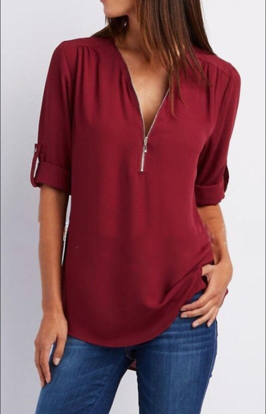 Ruched Half-Zip Solid V-Neck Casual Blouse with Rollable Sleeves for Women