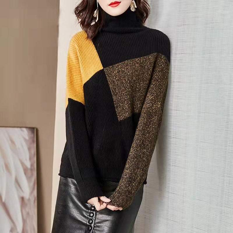 Women's Loose-Fit High Collar Color-Blocked Sweater