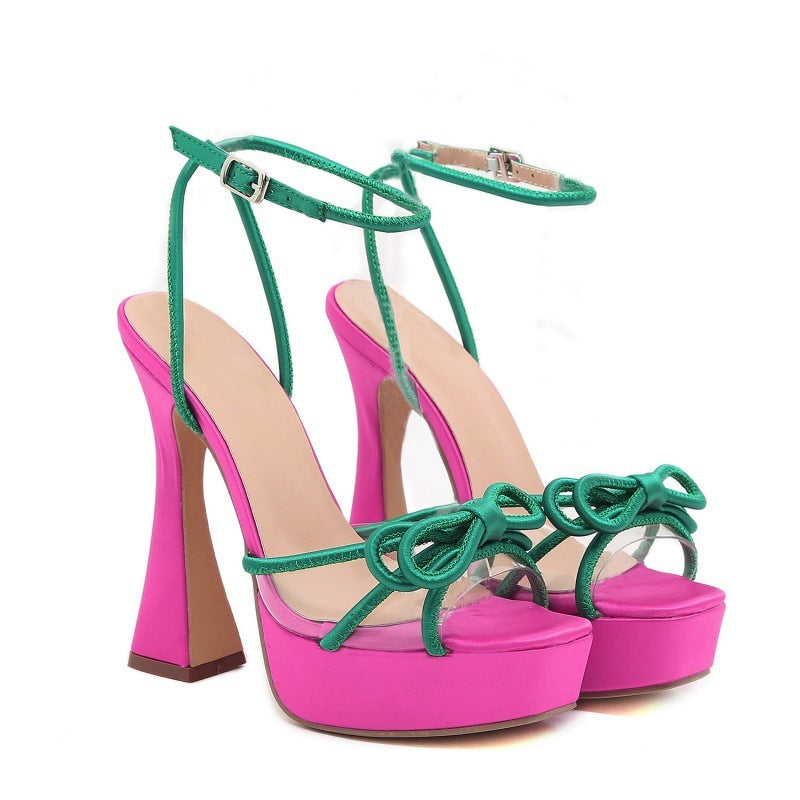 Bright Color-Block Chunky High Heels with Bow and Buckle Detail