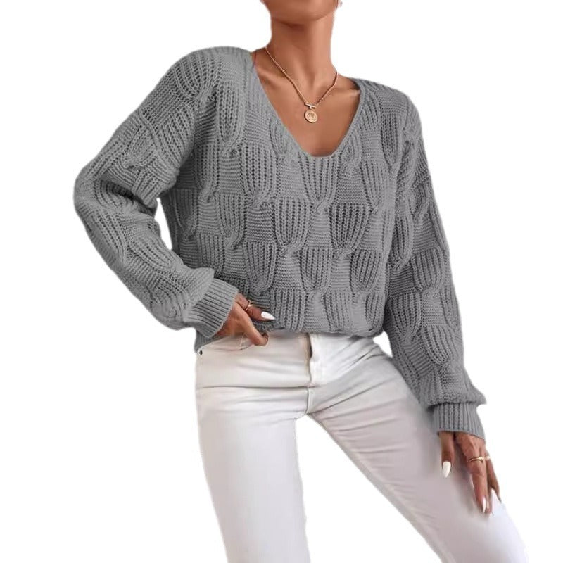 Loose-Fit V-Neck Solid Color Knit Pullover Sweater - Casual and Cozy Style