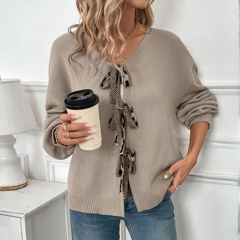 Women's Lace-Up Back Love V-Neck Cardigan