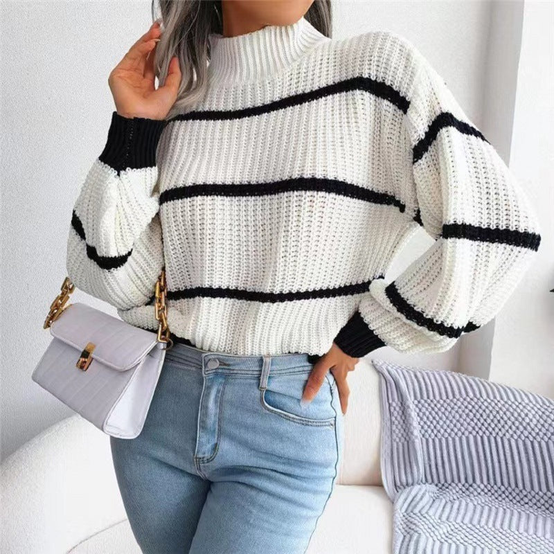 New Contrast Color Striped Half Turtleneck Pullover Sweater