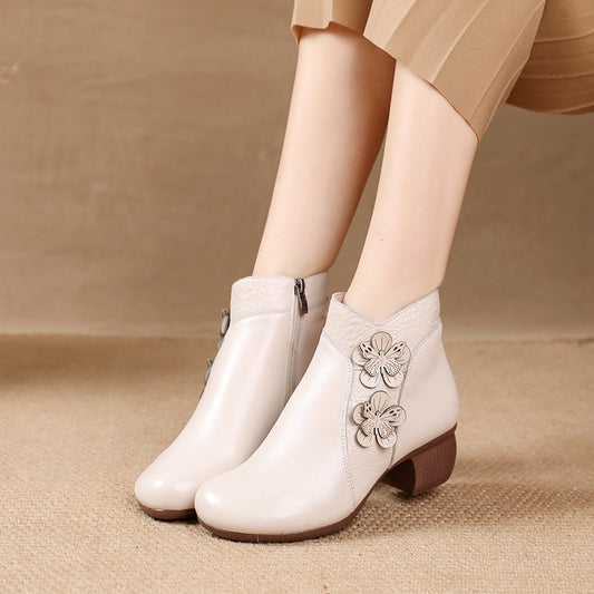 Soft Cattlehide Leather Martin Boots with Medium Chunky Heels and Floral Design