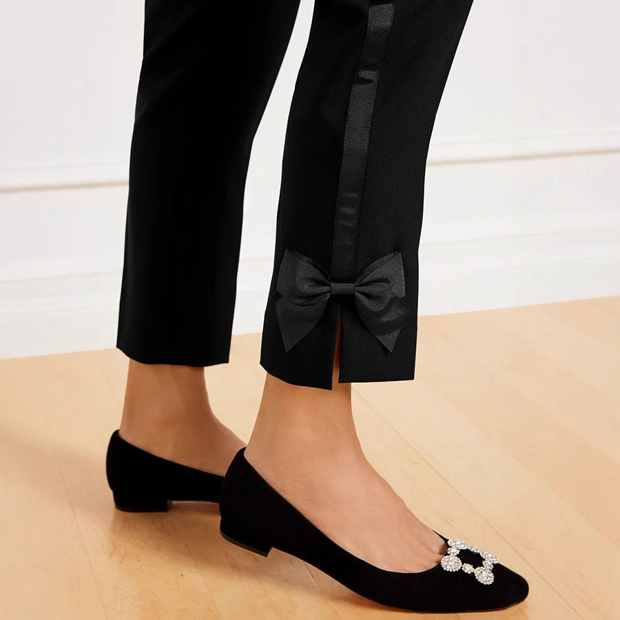 Women's Slim High-Waist Cropped Pants with Bow Detail