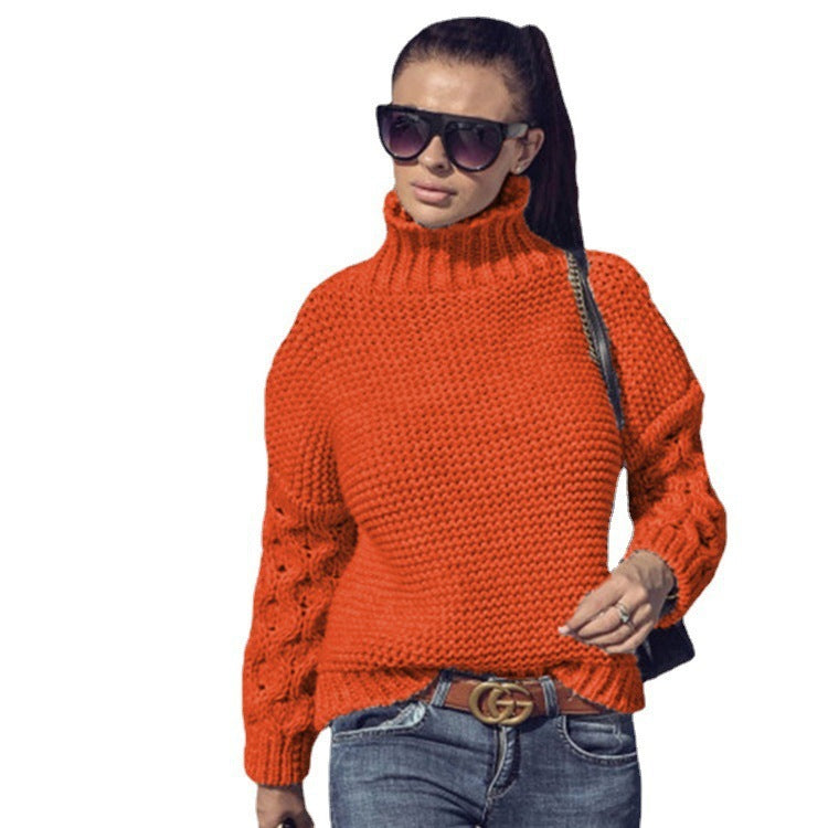 Women's Loose Cable-Knit Turtleneck Sweater – Solid Color Design