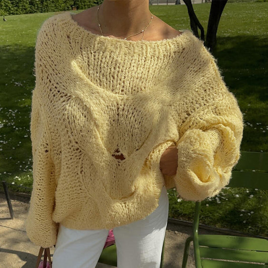 Solid Color Round Neck Cable-Knit Sweater for Women