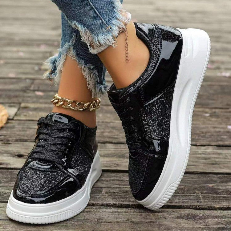 Women's Fashion Lace-Up Flat Shoes – Sequin Design, Casual Sports Style, Thick-Bottom Round-Toe Sneakers