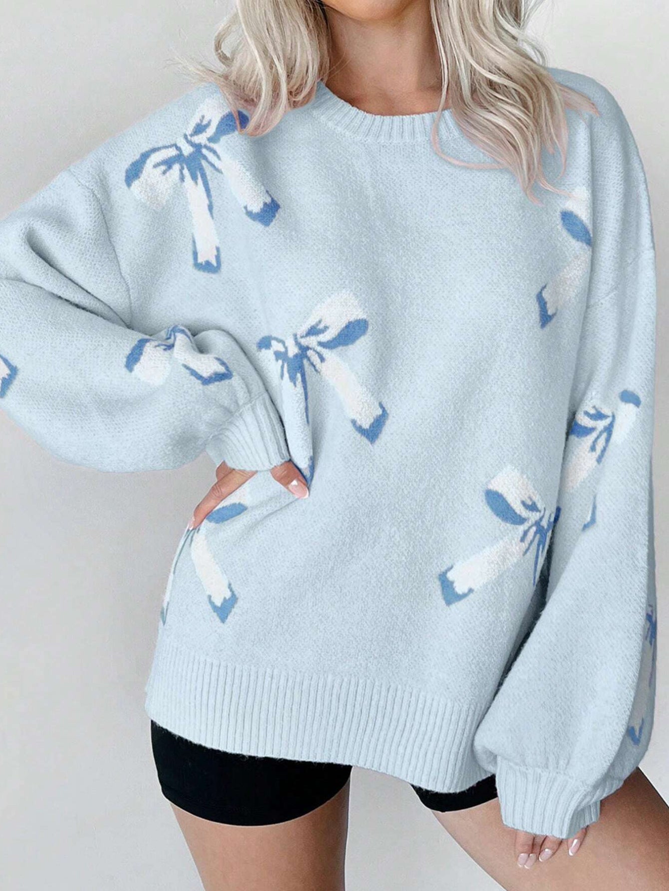 Bow-Detail Jacquard Loose-Fit Lazy Pullover Sweater