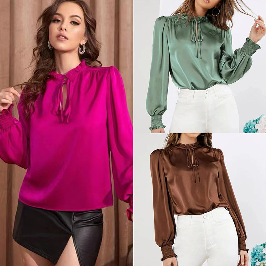 Women's Elegant Solid Color Round Neck Long Sleeve Tie Straight Shirt