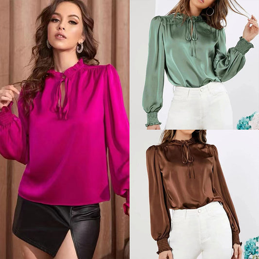 Women's Elegant Solid Color Round Neck Long Sleeve Tie Straight Shirt