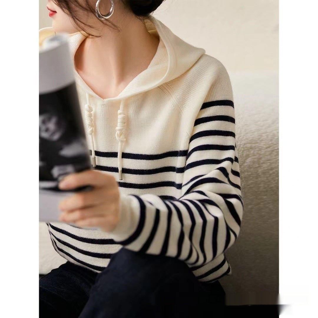 Women's Wool Knitted Hooded Sweater Pullover – Striped Loose Fit Design